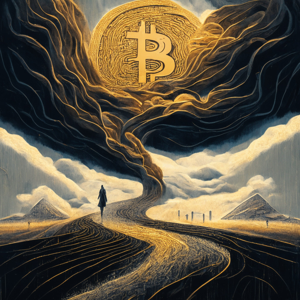 A surreal, abstract representation of a Bitcoin highway, wavering, wispy, and intensely hued, meandering into a vast, stormy sky that signifies volatility. In the foreground, a figure representing the investor wrapped in golden but brittle armor, cautious yet optimistic, standing at the crossroads. Enigmatic aura of twilight infusing a sense of intrigue.