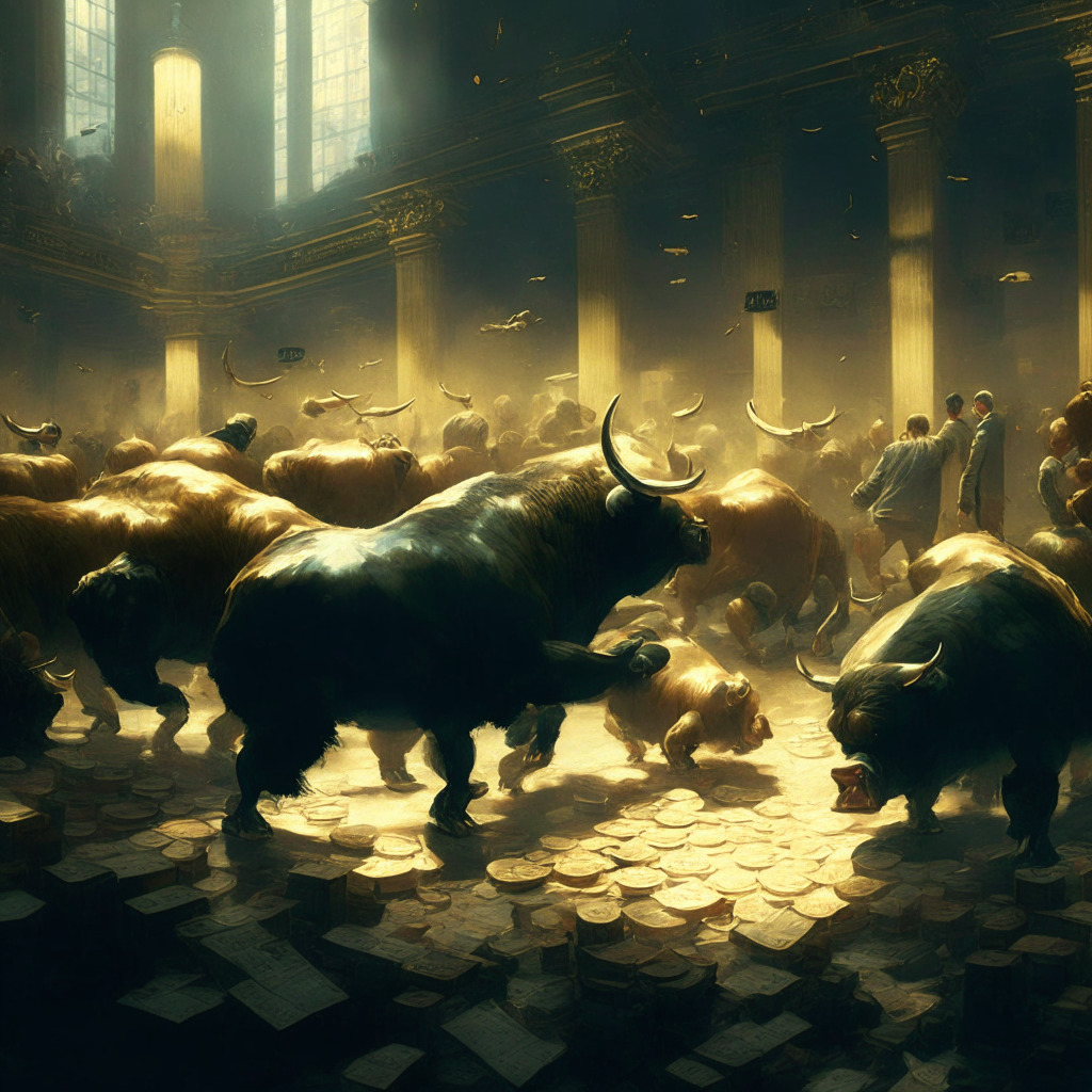 A bustling stock exchange floor filled with transparent bulls and bears tussling under a soft, moody light. Stacks of golden coins with faint BTC symbols lie in heaps on the floor, unfazed by the clash. Shades of Monet's style bring life to the scene, encapsulating the tension and intensity of a Crab Market amid poised, potential breakout.