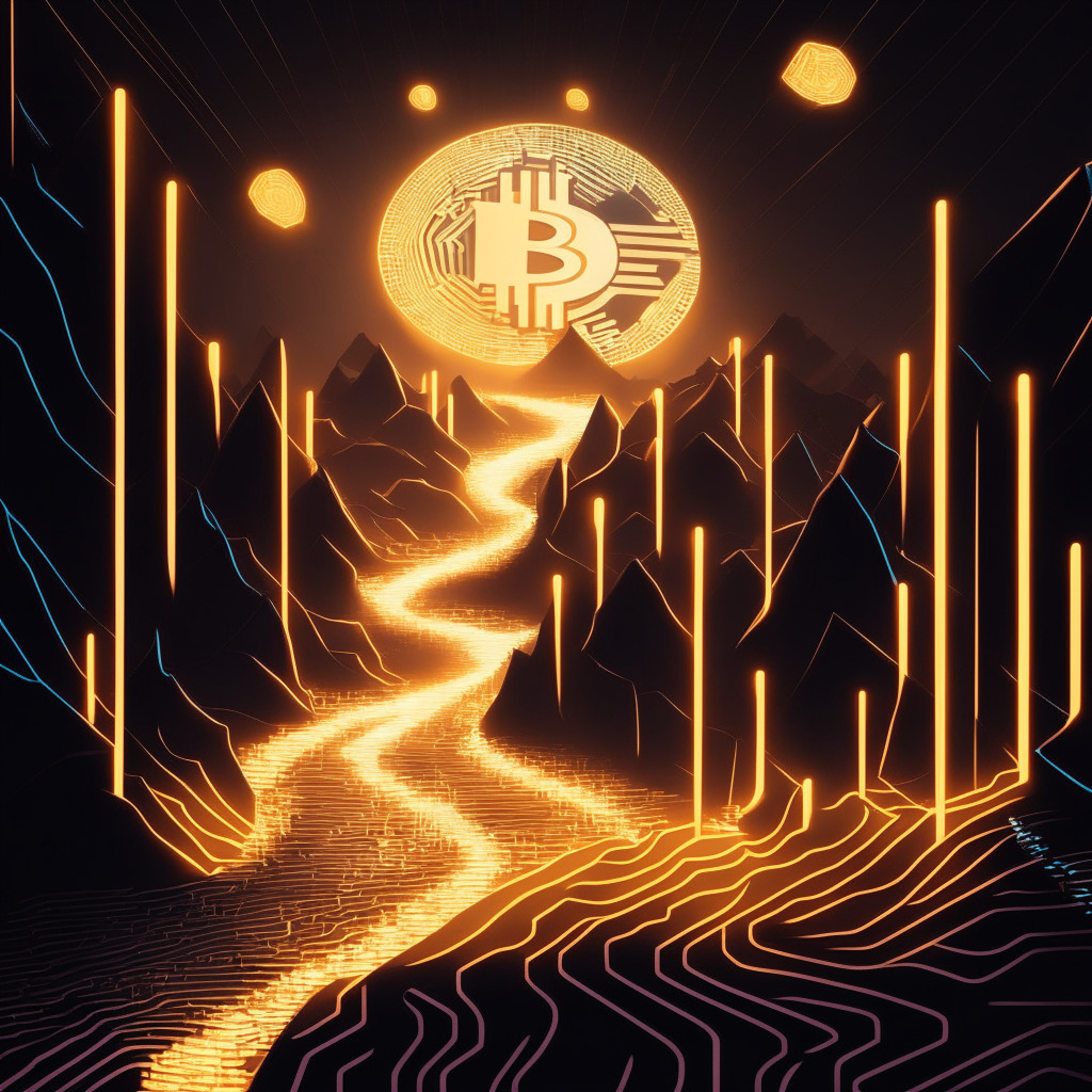 An abstract futuristic digital landscape illuminated by a radiant light, capturing the wavering ascent of Bitcoin. The design showcases a steep incline, manifesting the forecasted rise to $120k by 2024, a myriad of interweaving, glowing pathways representing the miner's role and banking crises in play. The mood is a mix of anticipation, slight alarm, and exhilaration expressing the paradox of prediction surrounded by uncertainty.
