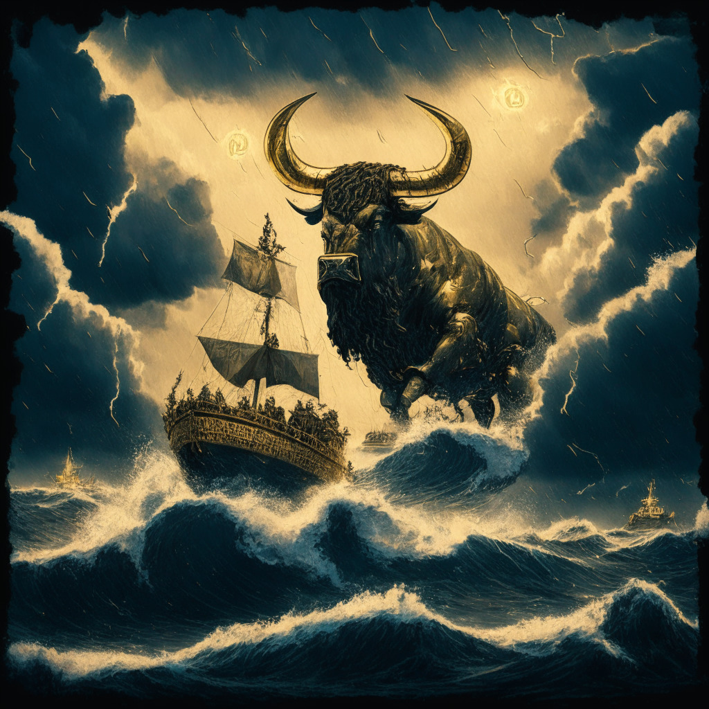 An intricate, stormy ocean under a dark sky signifying crypto market turbulence, a large golden bull wearing a warrior attire, symbolizing Bitcoin bulls trying to reclaim, a $30K buoy floating at some distance amidst large waves, a damaged ship with the sign 'RSI' sinking at the horizon portraying the RSI resetting, a small light glowing at the end of the horizon hinting at the potential uptrend in 2023, a style inspired by Romanticism for intense emotion and awe, a gloomy, uncertain atmosphere.