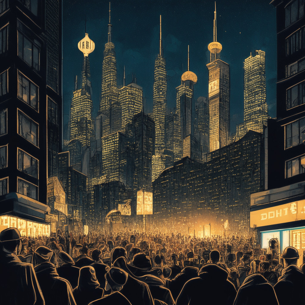 A bustling cityscape at night representing the busy crypto market, in the shadows, a towering mountainous chart of Bitcoin's value, comfortably holding above a marked '30,000'. Toronto skyline with a prominent, golden ETF sign glowing amidst the buildings. In the foreground, a crowd of illustrative retail traders, portrayed as adventurers, eager and curious, rapidly moving towards the ETF sign. Artistic style: A blend of realism and comic book aesthetics. Lighting: Low light setting with dramatic spotlights capturing the main elements and the ETF sign glowing as the main source of light. Mood: Mixture of anticipation, curiosity, and cautious optimism.