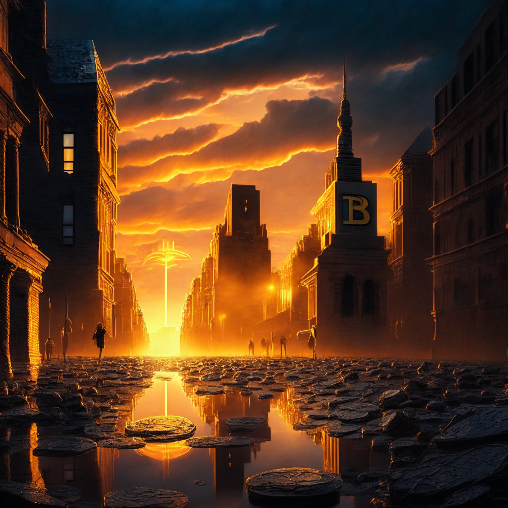 A surreal cityscape at twilight, illuminated by neon lights reflecting off the cobblestones. In the midst of the city, a stoic Bitcoin, symbolizing stability and resilience, stands tall. The setting sun casts a warm golden glow, symbolic of a hopeful forecast juxtaposed against a stormy cloud backdrop - representing the market's unpredictability. The atmosphere buzzes with anticipation, encapsulating the excitement and apprehension of a potentially volatile crypto market.
