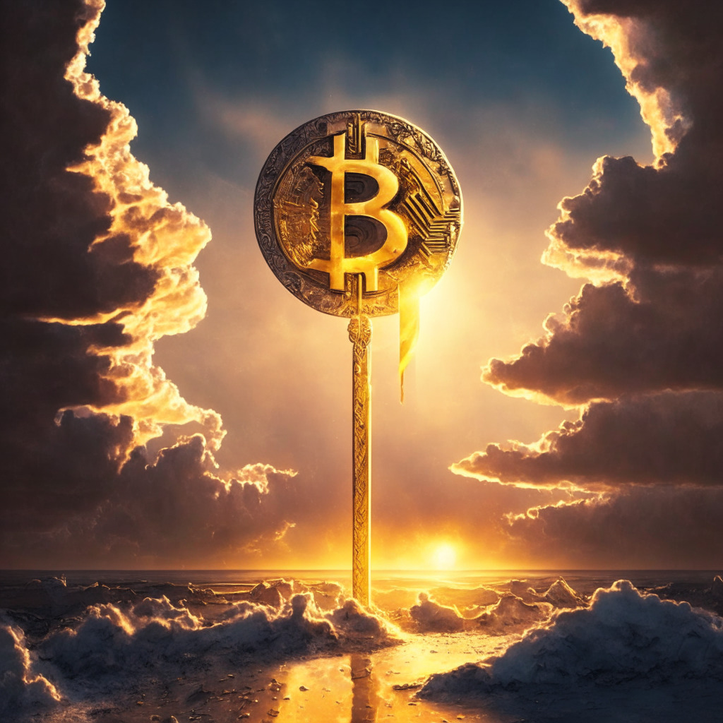 A metallic Bitcoin symbol floating in a dreamy sky, balanced precariously on the edge of a golden double-edged sword, radiating a euphoric appeal and simultaneous sense of impending doom, detailed in a dystopian-Mad Max artistic style. The setting sun paints an intense and dramatic light setting, casting deep, ominous shadows, echoing an economic collapse.