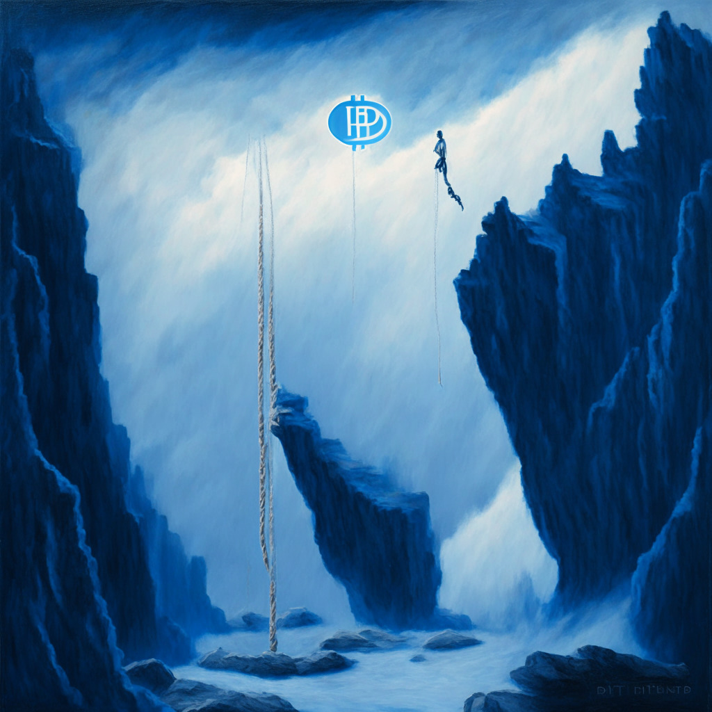 An ethereal interpretation of Bitcoin teetering on a tightrope across a canyon filled with swirling clouds, symbolic of volatility and uncertainty. Palette is imbued with hues of blue and grey, hinting at the ominous tone. A legal scale next to Bitcoin embodies the SEC vs. Ripple case. The light setting is dusk, painting a brooding, contemplative mood.