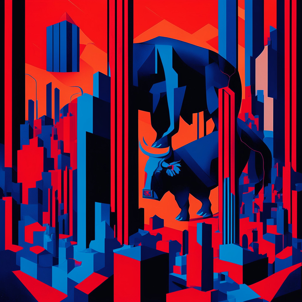 An abstract financial landscape at dusk, vivid hues of red and blue representing fluctuations of Bitcoin, with a reinforcement of Fibonacci-imbued pillars to symbolize key support levels. The mood is of careful anticipation, under the looming shape of a bull and bear to signify market forces. The style, a fusion of modern cubism and data-inspired art.