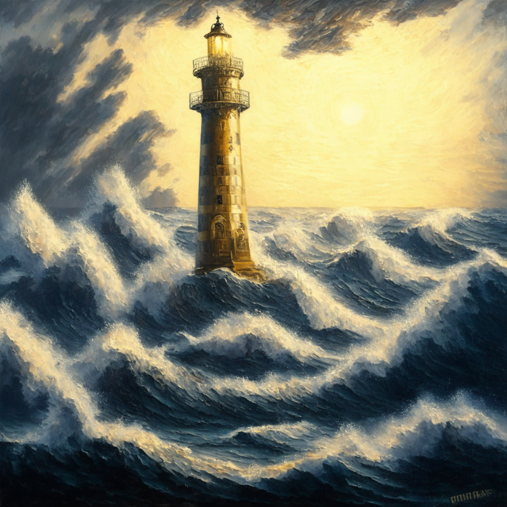 A detailed painting in the style of a Claude Monet's piece, showcasing the resilience of Bitcoin in a volatile financial landscape, bathed in a strong golden light indicating stability. Scene encompasses tumultuous sea with waves representing Federal Reserve's market shifts, a lighthouse symbolizing Bitcoin stands unwavering. Ethereal mood prevails.