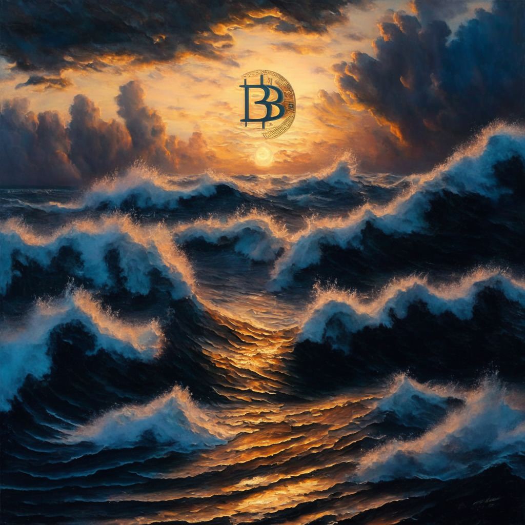 Bitcoin standing resilient among turbulent waves, classical style painting, evening setting, with rich hues of sunset reflecting on the fluctuating ocean, symbolizing market instability. Musical elements such as a floating orchestral score, hinting at the inherent 'symphony'. Mood is tense, anticipation palpable, capture a calm before the storm ambiance.