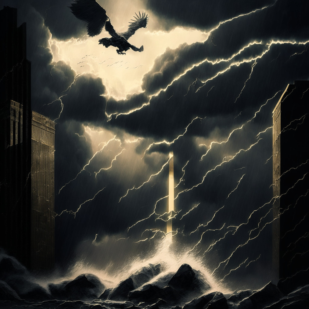 Dark stormy skies over Wall Street, with Bitcoin soaring as a golden eagle, landing on the edge of a high towering cliff to symbolize the recent price spike. Shadows represent the potential pitfalls, while elements of anticipation are depicted by the intensity and angle of the light rays breaking through the storm clouds. Mood should be tense and imbued with the aura of impending decisions.