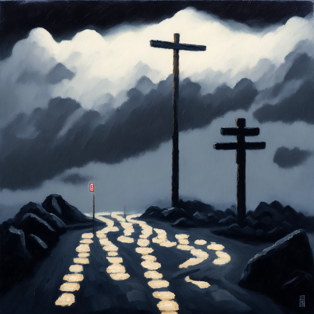 A dimly-lit, minimalist painting of a traditional Japanese crossroad, its signposts symbolizing various cryptocurrencies. A rocky road stretches into the distance under a sky filled with turbulent clouds, depicting uncertainty. Bitcoin and Ethereum shimmer with stability amidst the chaos. Details nod at regulatory scrutiny and potential market declines, evoking cautious optimism.