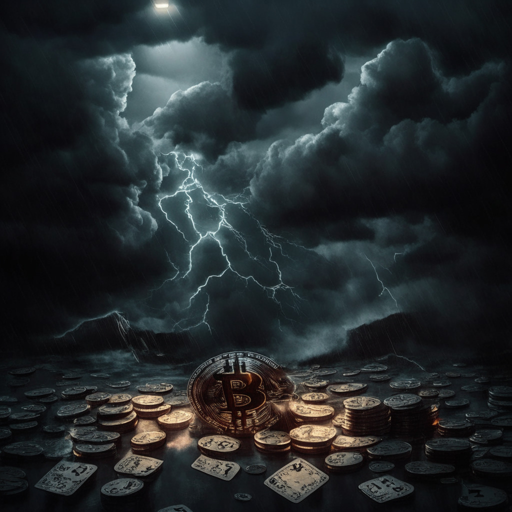 High-stakes poker game in the world of cryptocurrencies, Bitcoin teetering on a financial precipice. Dark, brooding atmosphere, stormy skies overhead, underlining the sense of looming volatility. Bitcoin as weather-beaten signposts, indicating directions for a precipitous fall or impressive rise. Soft, cautionary light illuminating risk and opportunities.