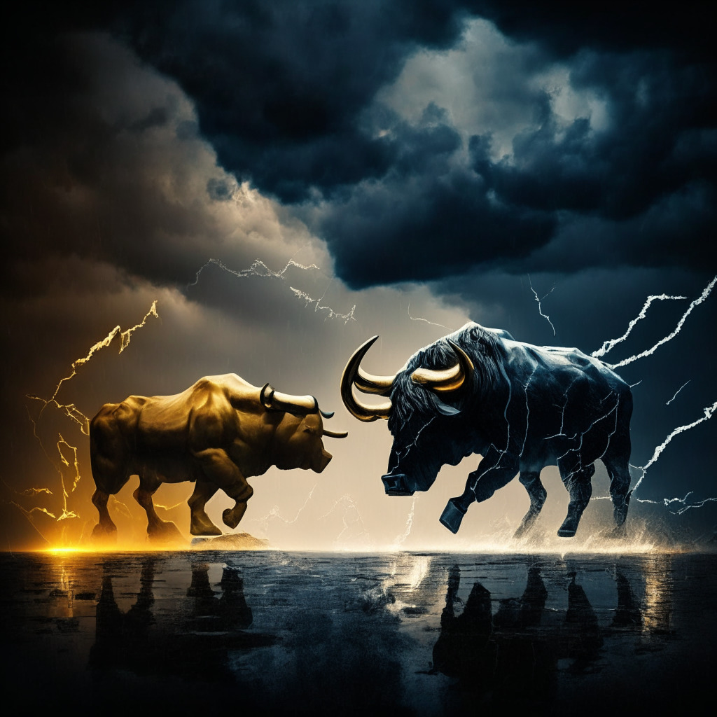 A turbulent economic scene under a stormy dusk sky, an abstract Bull and Bear engaged in a tug of war, symbolizing market confidence and risk. The Bull, composed of golden digital Bitcoin and Ethereum, stands firm despite currents of swirling financial news. A Curve Crack looms ominously, casting a menacing shadow that represents recent market interruption. The entire scene is bathed in raw and dramatic chiaroscuro light, enhancing the shoot the moon or crash mood of the image.