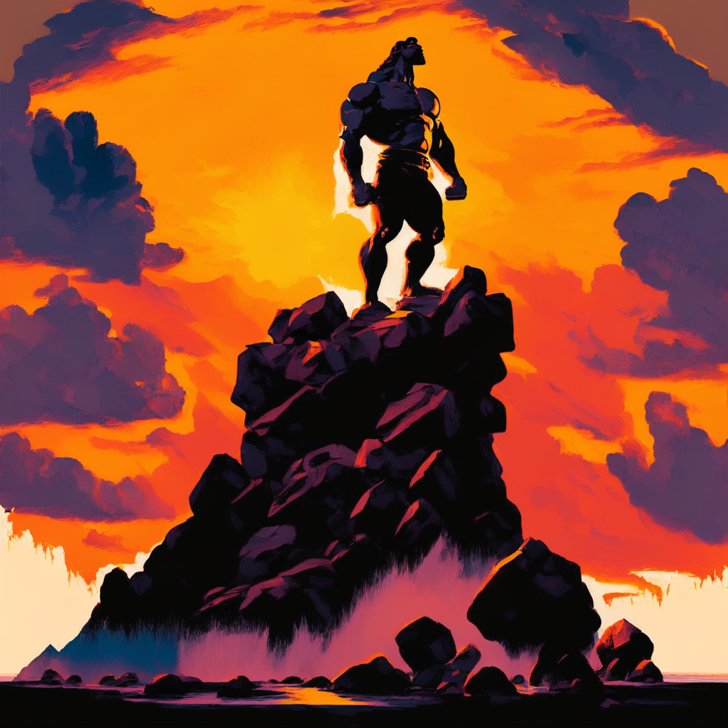 Dramatic sunset scene illuminating a muscular figure facing a looming, rugged Bitcoin mountain, symbolizing challenge and determination. Mood is resilient yet sober fraught with a sense of anticipation. The figure is cautiously progressing upwards, dodging rapid avalanches of coins, representing price fluctuations. The whole landscape bathed in contrasting warm and cool hues to indicate mixed market sentiments. Artistic style: Semi-abstract Expressionism.