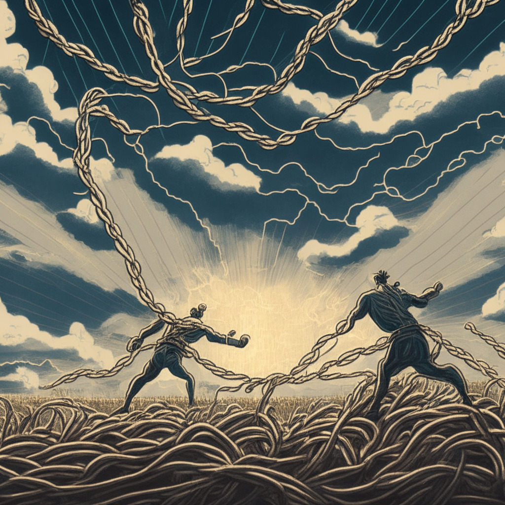 A digital tug-of-war field under a dynamic, turbulent sky, wired hands gripping rope's ends, symbolizing Bitcoin's struggle with $29.5K support level. Striations of light and shadow, etched with tension, animate the scene in art nouveau style. Mood teeters on precipice of anticipation, hinging on a distant silhouette of the Federal Reserve, potential catalyst. Gentle undertones of lifting fog embody easing financial conditions, while pockets of luminance predict a potential bull market.