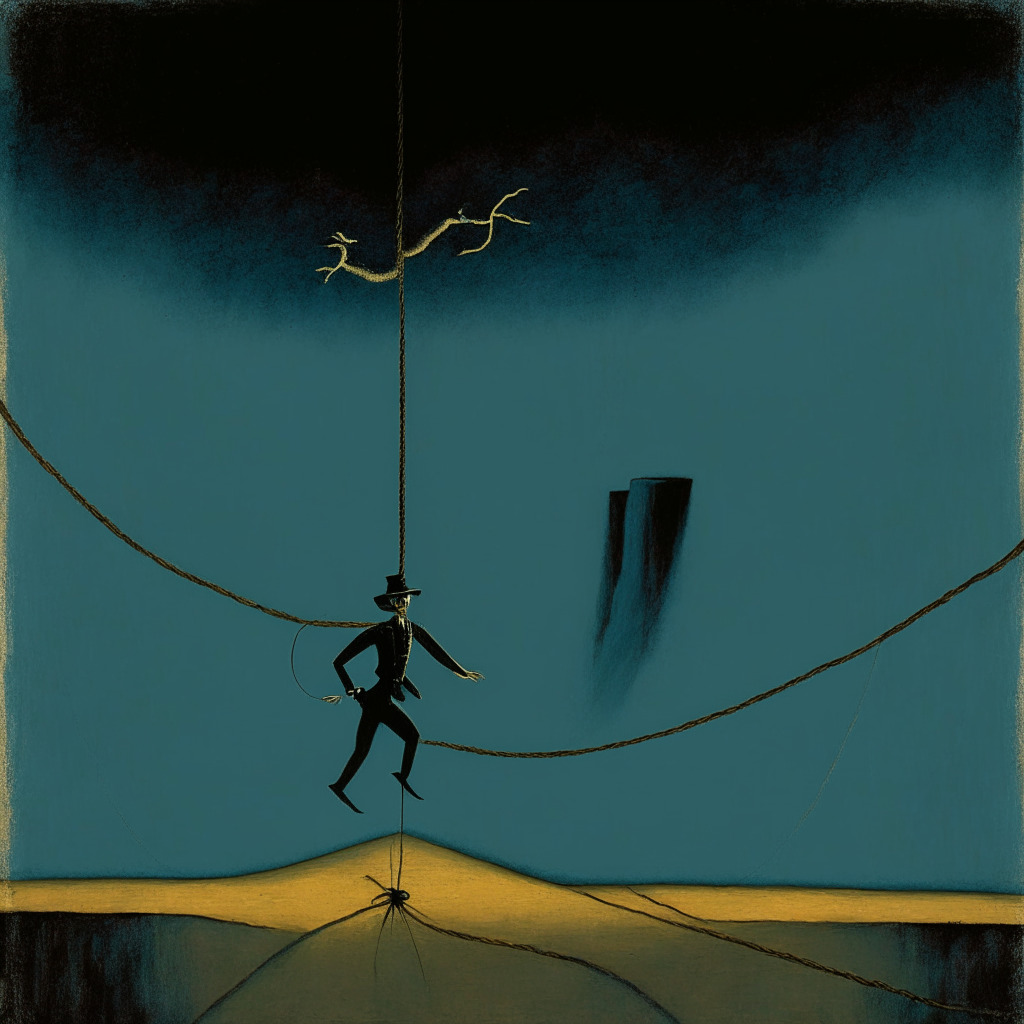 A scene of a tightrope walker, teetering precariously over an abyss balanced by two equally heavy bags marked bullish and bearish, painted in a surrealist style. The setting is dusk, with the low light casting long, ominous shadows, creating a mood of uncertainty and anticipation. Details include the tightrope walker's intense concentration, the cord strained over the $30K chasm, and the eerie calm below.