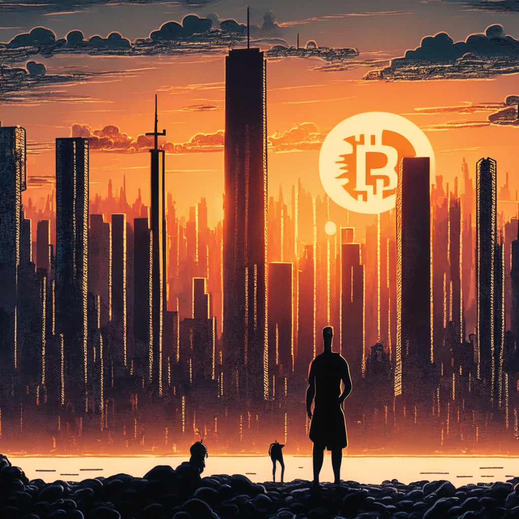 A sunset over a modern, bustling digital cityscape symbolizing the cryptocurrency market, Central, a large scale of Bitcoin dominates the view, etched with signs of fluctuation. In the foreground, two titan-like figures, each representing Grayscale and Coinbase embroiled in a challenge. The color scheme reflects a mood of anticipation and tension, illuminated by sharp contrasts of dark purples and vibrant amber.