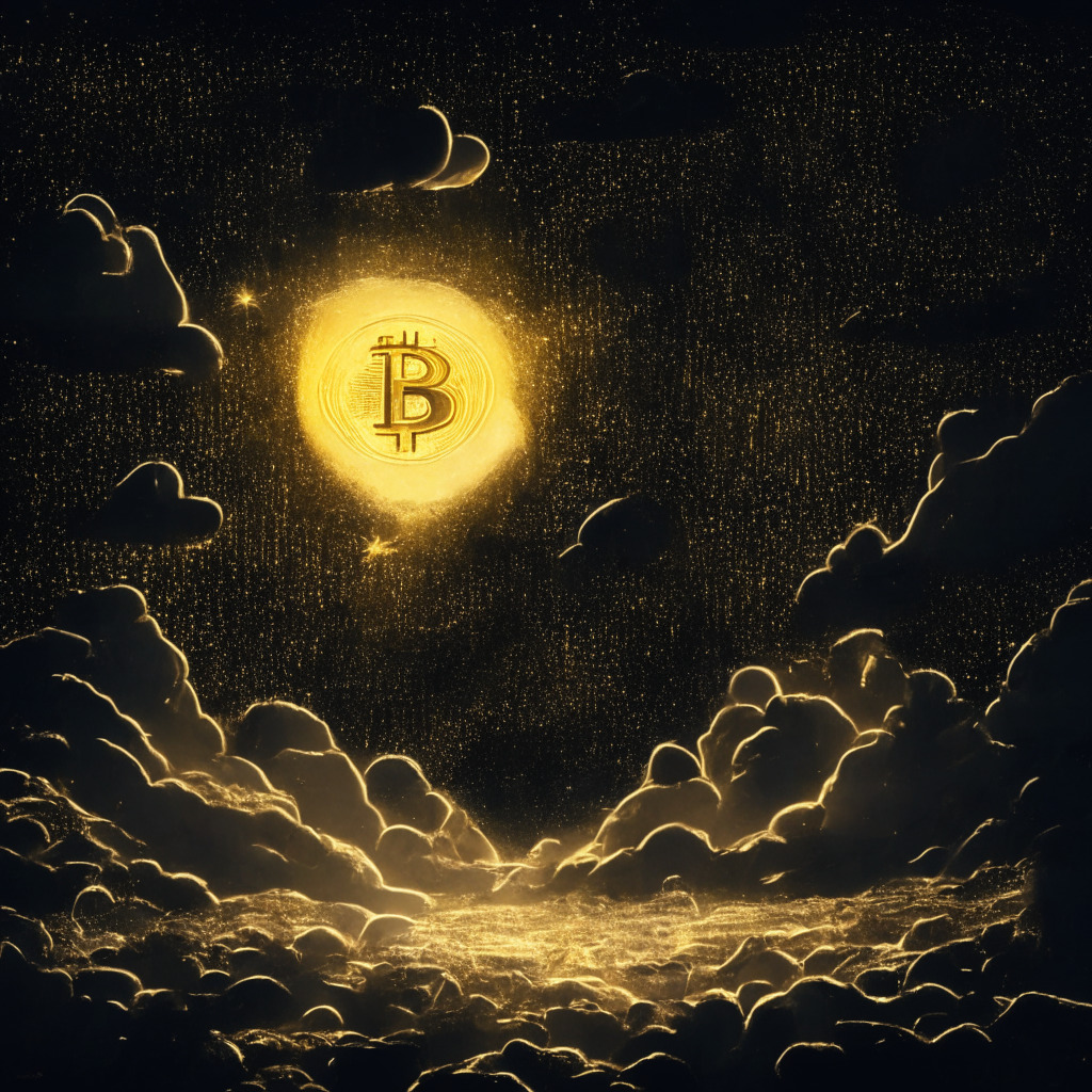 Golden bitcoin rising against a dark, star-studded sky, symbol of bullish momentum. A cautionary note partly obscuring bitcoin, symbolizing market dynamics. A fading image of gold bar in the background, reflecting Bitcoin's potential over gold. Painting-style image, in a noir light setting, evoking a mood of intrigue and anticipation, representing the ongoing trends in cryptocurrency.