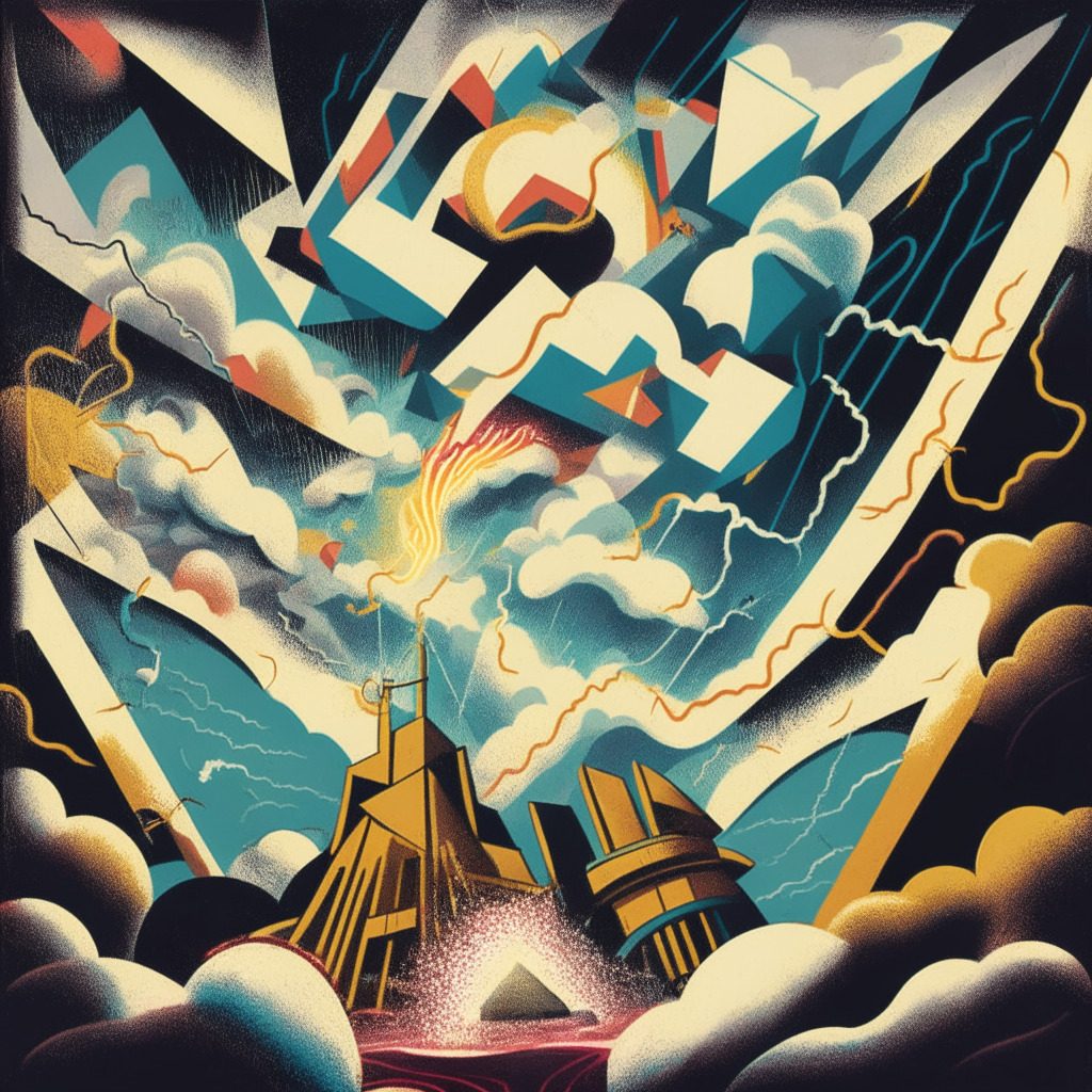 Depict a dynamic, turbulent scene in a cubist art style, under a dramatic lightning skyscape. Feature a classic roller coaster in the center, illustrating the ups and downs, embodying volatility. A large bitcoin, in the foreground, leaps towards the peak only to hover before falling back. Include a background of a decrementing inflation graph symbolizing declining inflation, and an upticking stock market graph, representing traditional market response. Show two smaller, ambiguously shaped symbols that represent crypto wallets making a massive transaction. Capture a conflicting mood of uncertainty, expectation, and anticipation.