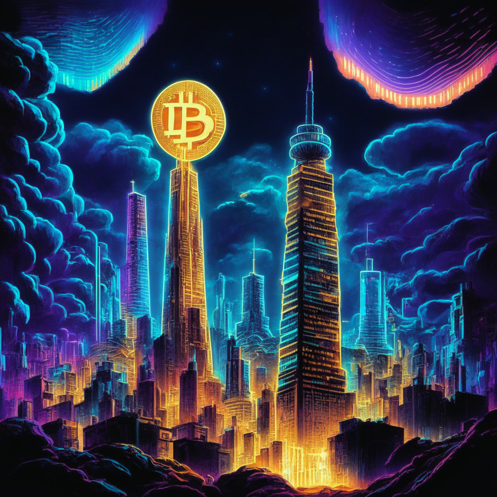 A bustling digital city illuminated in vibrant neon hues denoting different altcoins, the majestic Bitcoin tower glowing dimmer amid the rising altcoin towers. A shining coin engraved with the Ripple logo perched atop one tower, signifying its recent victory. Light emanates from the cityscape under a cloudy sky, portraying a mood of uncertainty, yet excitement. Artistic style is reminiscent of a dystopian cyberpunk universe.