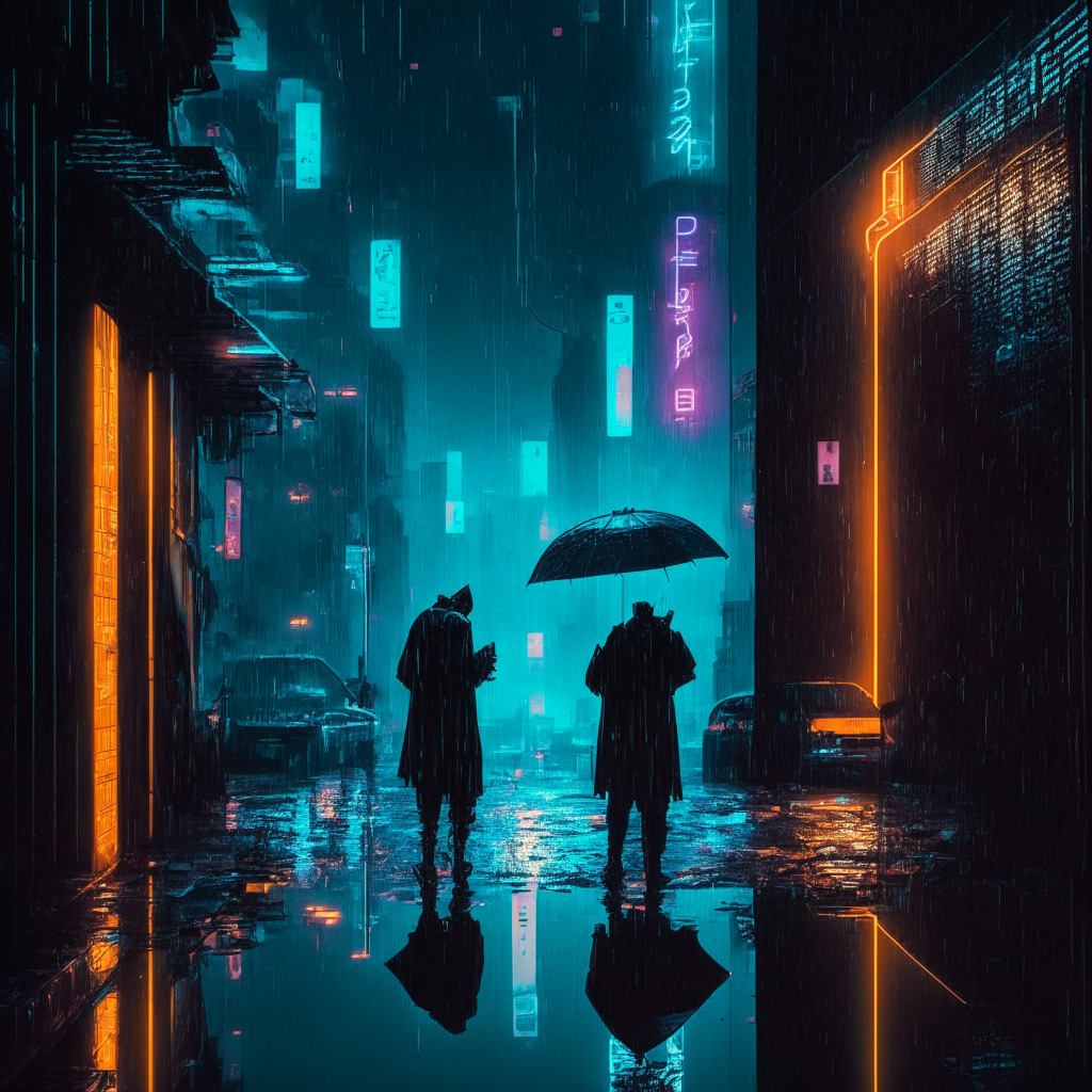 A rainy dusk in a cyberpunk styled city, with neon cryptocurrency symbols reflecting off glass buildings. A pair of silhouetted figures exchange currency in an alley as crypto-tokens float in mid-air. The mood is ominous, yet hopeful, hinting at regulation amidst the chaos. The image emphasizes the duality of Cryptoworld's untamed charm and its looming threats.