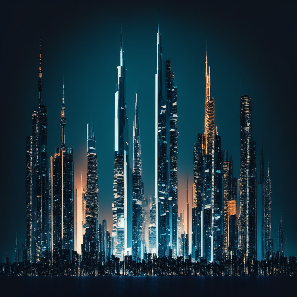 A modern cityscape of Dubai at night with towering buildings and faint lights from the windows, abstract symbolic representation of cryptocurrency symbols subtly meshed within the skyline, indicating their behind-the-scenes presence in the economic machinery. The mood is of vibrant anticipation, a subtle undercurrent of challenge hinted through a cloudy sky, giving the scene a sense of dynamic complexity. The style; a blend of realism and impressionism, capturing the essence of expansion and growth.