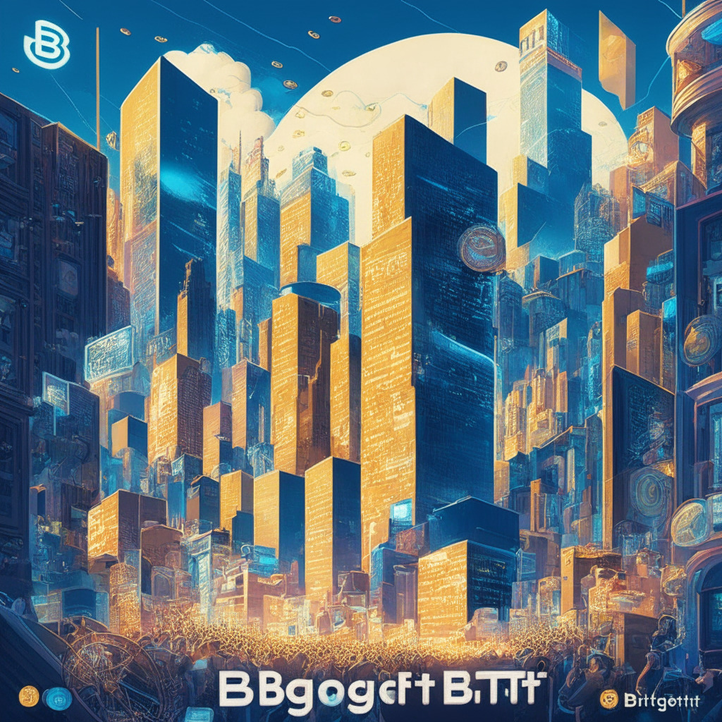 A thriving cryptocurrency exchange in a vibrant, bustling virtual cityscape, marked by streams of dynamic data and shining coins, embodying Bitget's ascension to prominence. Portray the integration of the self-custodial wallet as a secured vault, illustrating the exchange's growth. The cityscape transitions into shadowy areas, representing the challenges of sustainability, and the volatile nature of cryptocurrency markets. Show contrast through light and shade to create the tension between growth and volatility. In the sky above, etch the subtle form of a question mark, capturing the unresolved question of future sustainability. Employ an edgy, futuristic art style, with a mood of cautious optimism.