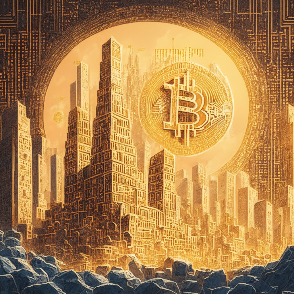 A robust fortress standing tall amidst a vibrant, digital skyline, adorned with symbols of Bitcoin, Ether, and USDT in radiant gold. The fortress' wall is meticulously etched with the figure of $1.44 billion, underlining its mighty reserve. The scene is bathed in warm, confident light, symbolizing Bitget's financial strength and debt-free status. The overall mood is triumphant, yet contemplative, depicting Bitget's successful strategy yet hinting at its potential for future risk and adventure.