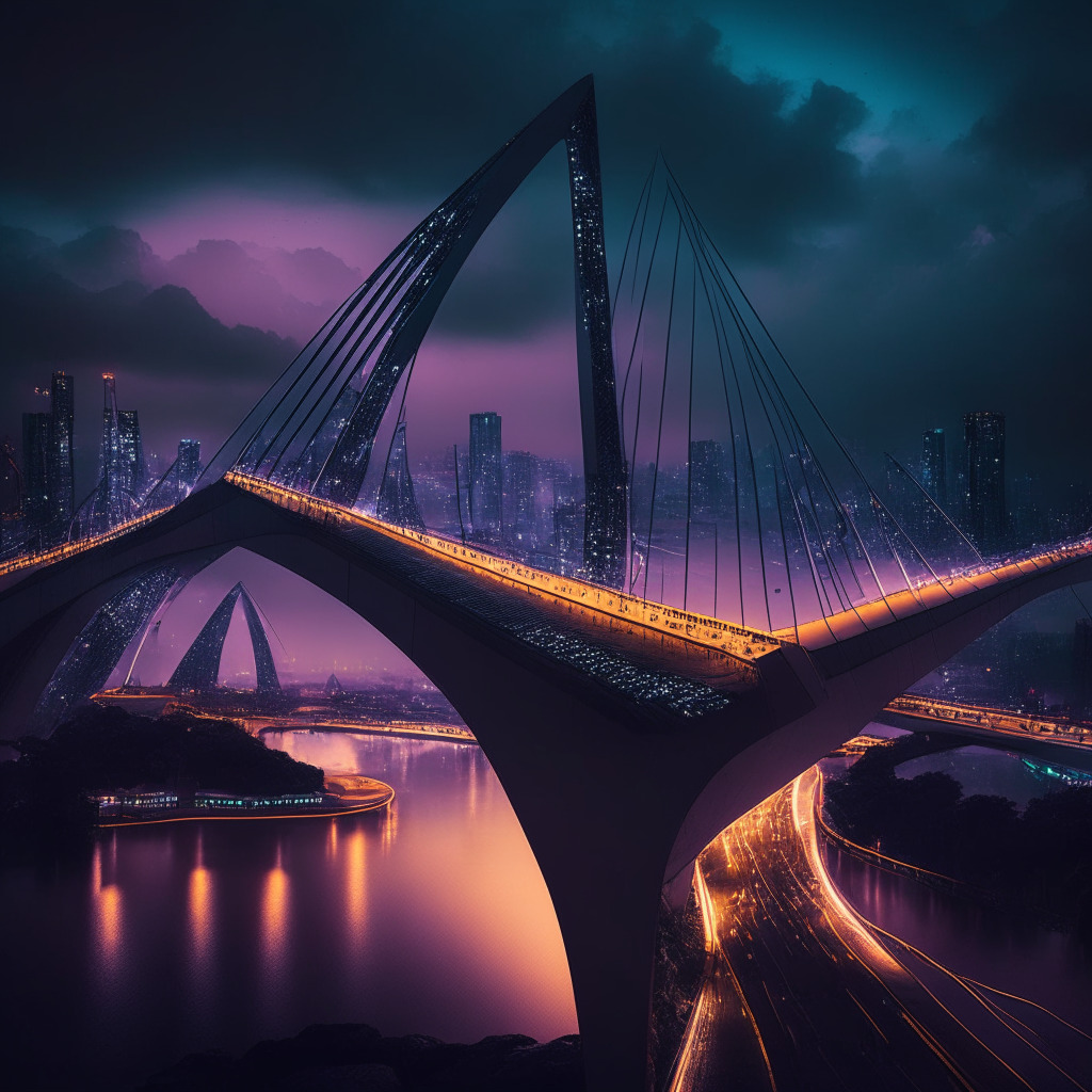 A futuristic financial cityscape under moody, twilight skies, luminous pathways symbolizing a global financial network bridging Latin America with the world. Complex structures reflect the volatility and risks involved, while a single prominent, radiant bridge symbolizes the Bitso-Stellar alliance enhancing seamless financial interactions. Subtle underlying elements signify potential cyber threats lurking around.