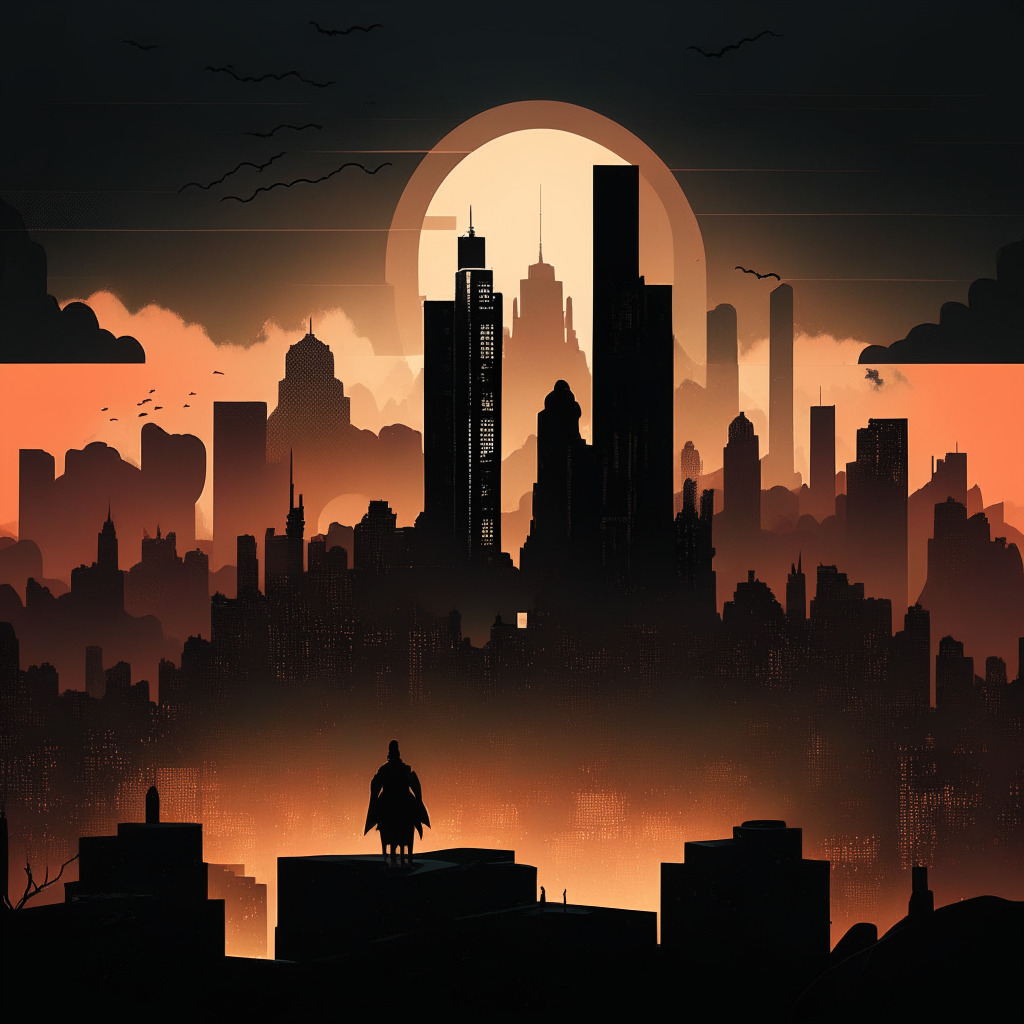 A gloomy sunset over a digital cityscape, Cryptocurrency symbols floating in the skyline, A courthouse with scales of justice visible, Silhouettes of various American states, A steep hill with a climber in the distance, Visual elements reflecting scrutiny and regulatory pressure, Mood of uncertainty and tension, Artistic style - Film Noir.