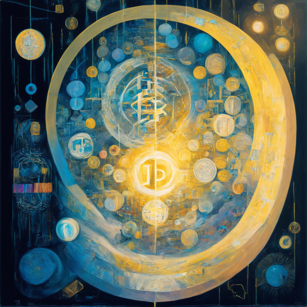 A detailed, semi-abstract painting illuminated by soft, warm light, showcasing the complex yet optimistic world of cryptocurrencies. Depict elements such as crypto traders analyzing charts, investors displaying their faith, and the idea of globalization of digital assets. Include images for the fall and rise of the cryptocurrencies indicating volatility and unpredictability. The dominant mood should be a balance of cautious optimism and excitement, paired with a subtle hint of unpredictability.