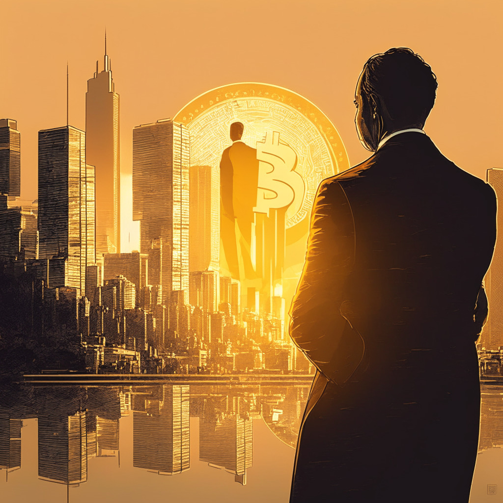 An influential CEO amidst a momentous decision, pondering over a golden Bitcoin coin, his figure cast in shadows with a cityscape of traditional financial institutions behind him. Use a blend of classical business and modern digital art styles, the cityscape bathed in the soft warm glow of a sunset, mirroring the shift from traditional to digital finance. Create a visual tension to evoke feelings of intrigue, anticipation, and the thrill of venture into new territories.