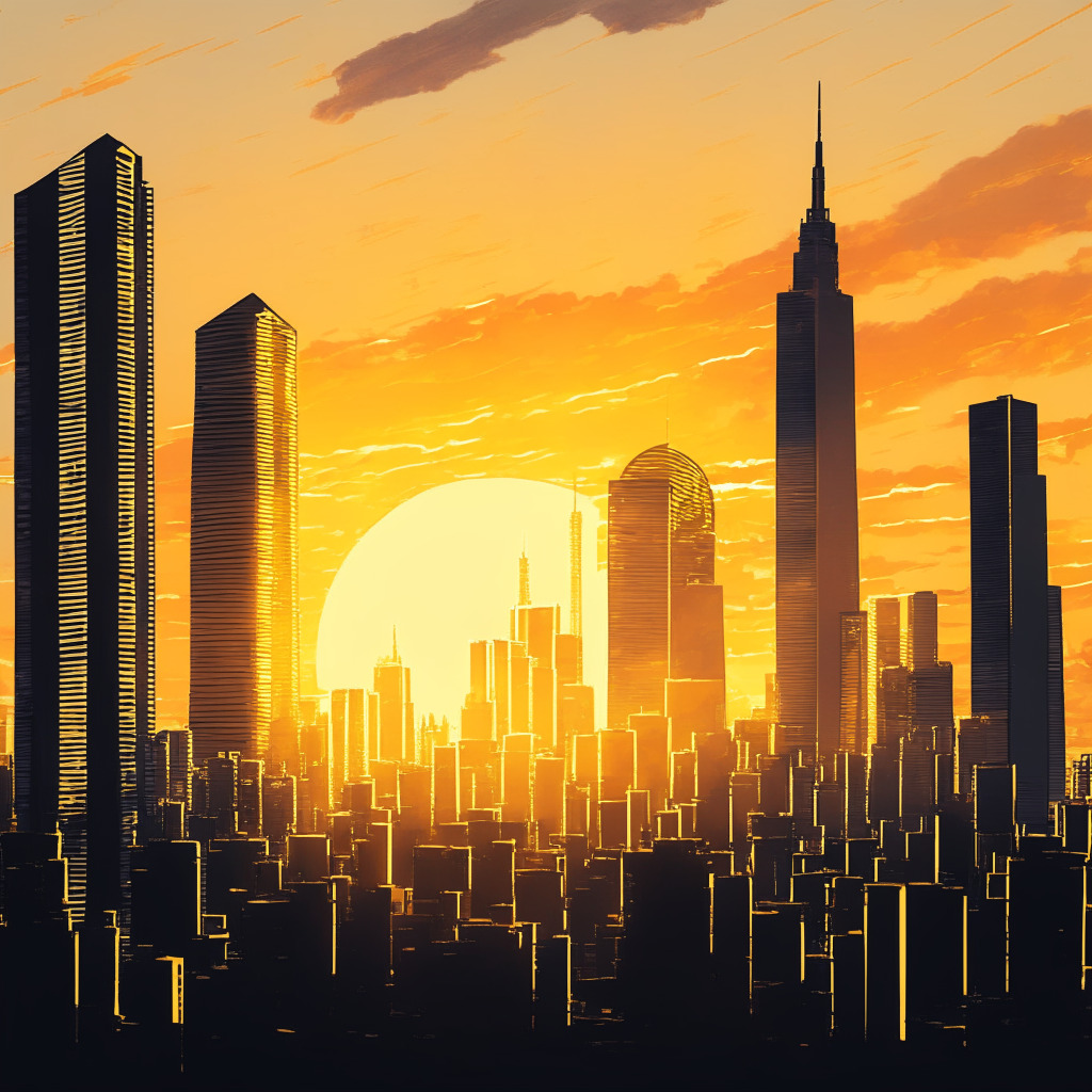 Sunrise over a crypto cityscape, with towering skyscrapers made of bitcoin and a looming figure representing a corporate giant, perhaps BlackRock, in post-impressionist style. The image has a moody, golden-hour lighting, paralleling the dawn of a new era and echoing intense investment debates. The metropolis bustling with activity, represents mainstream adoption with regulatory hurdles shown as opaque storm clouds overhead.