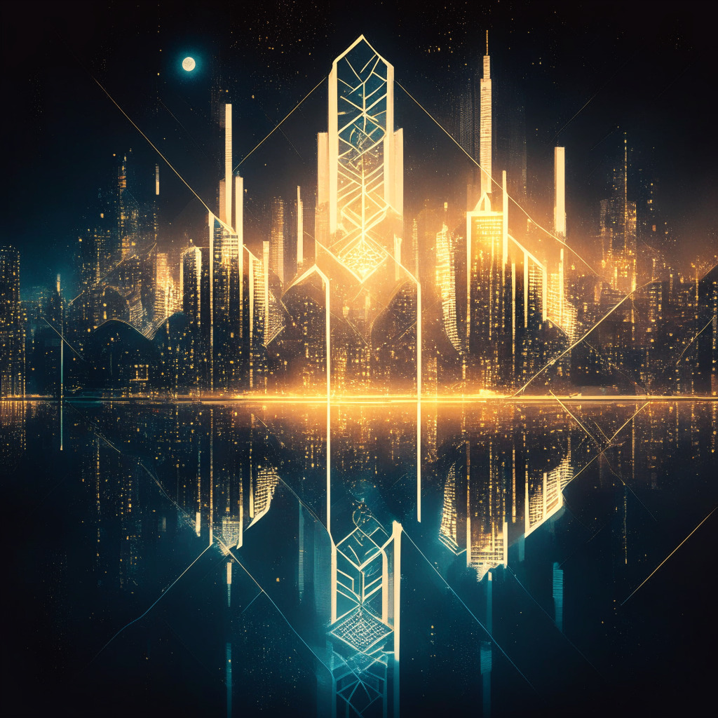 A metaphoric crypto world depicting the duality of centralized and decentralized governance. Illustrate a sophisticated cityscape with glowing skyscrapers symbolizing Abracadabra DAO, also showing a separate landmass representing traditional DAO. Add an under-construction bridge, indicating the transitioning power. Lit within, capture a mix of warm and cold light setting, giving a sense of transition. Incorporate surrealist elements showing hints of change and innovation. Emphasize a moody, contemplative setting.