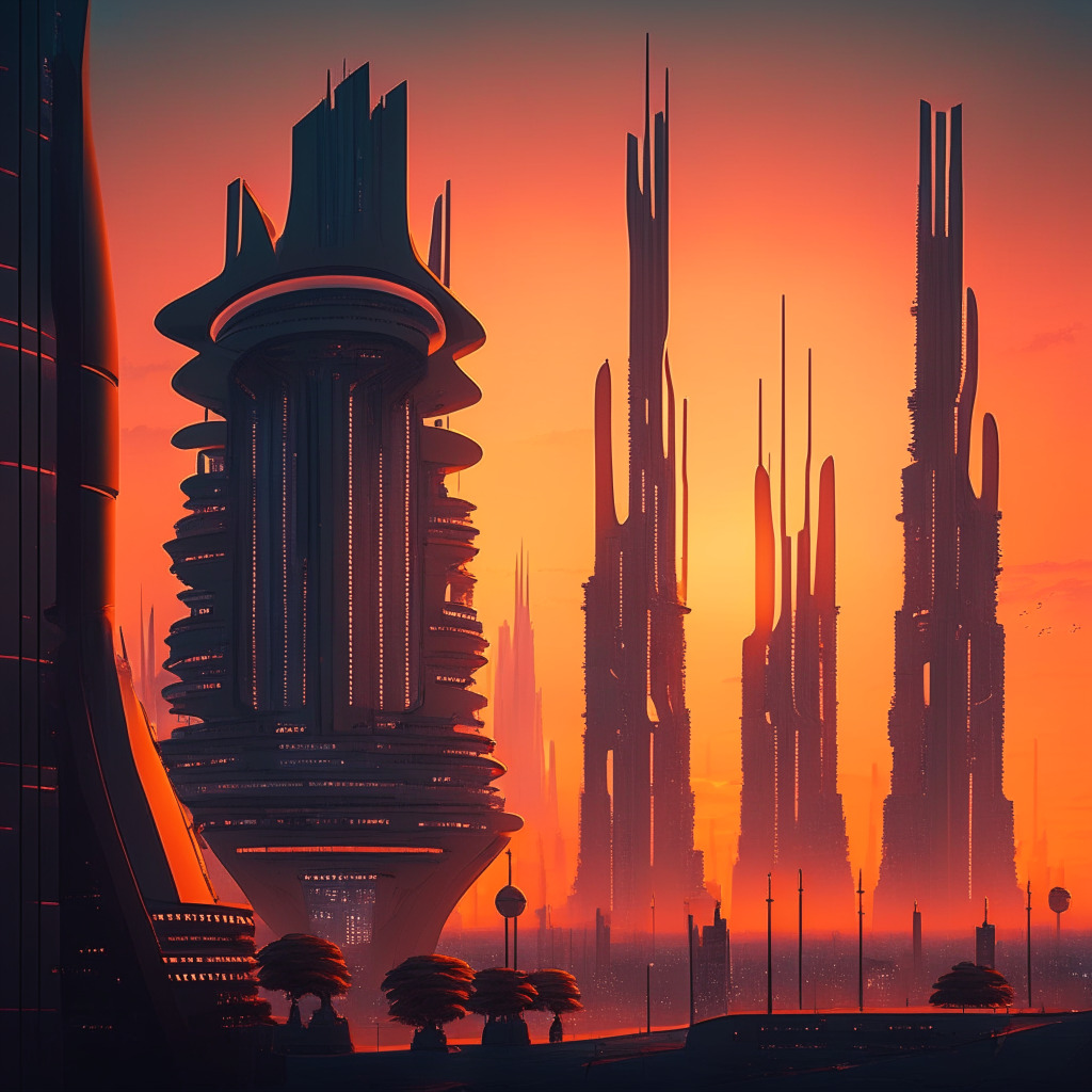 A futuristic cityscape at dusk with a blend of traditional structures and high-tech architecture, symbolizing the worlds of blockchain and artificial intelligence. The city is buzzing with energy, anticipation, and a hint of caution. Subtle representations of data, encryption symbols and balance scales dot the landscape. The city is bathed in warm sunset hues, creating an intriguing contrast against the cool shades of advanced technology.