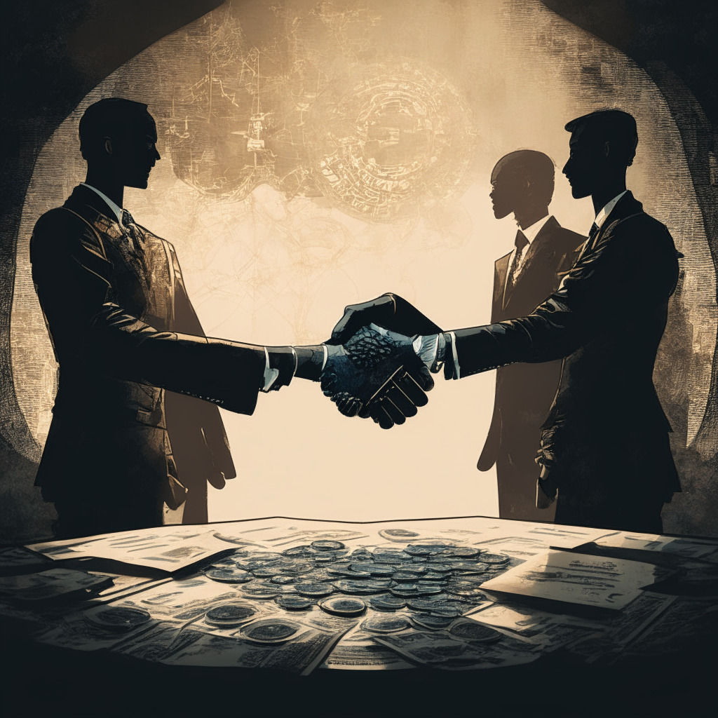 An intricate, moody scene of two businesspeople shaking hands over an ornately detailed legal contract to signify a settlement, embellished with faint cryptocurrency symbols scattered subtly in the background. The striking contrast of sharp shadows and soft light reflects the overall uncertainty of the situation, with a colour palette themed towards muted, cool tones to denote complexity and the serious atmosphere. Emphasis on fine arts style with realistic touch for detailed depiction of the scene.