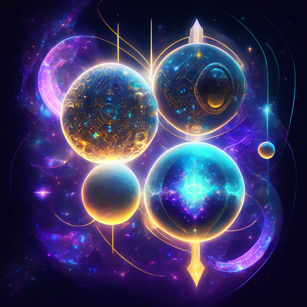 An ethereal cybernetic manifestation of two digital planets, symbolizing Ethereum and Solana in a harmonious galaxy. Each planet encapsulated with glowing symbols representing artists' creations, interconnected by beams of vibrant light signifying the blockchain. Incorporate warm lightings to evoke a mood of anticipation and optimism. The artistic style should reflect a surreal and futuristic aesthetic.