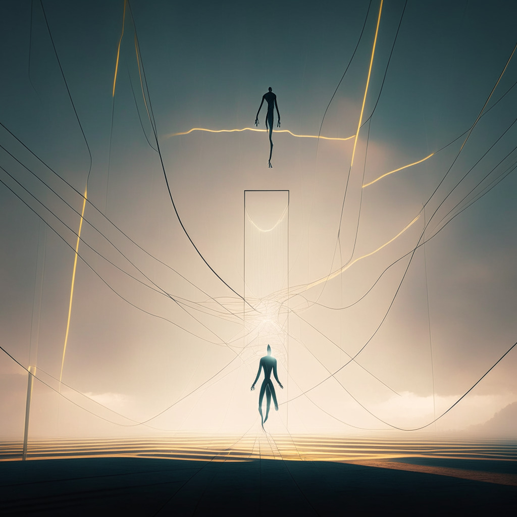 A surreal representation of a high-wire walk, brightly lit, in a vast, ethereal blockchain landscape signifying a digital future. The walker, a central figure, balancing between light and shadow, symbolizes security, transparency and efficiency on one side, and risk, volatility, potential misuse on the other. Illuminate the scene in a mix of cool and warm light, creating a mood of caution and optimism.