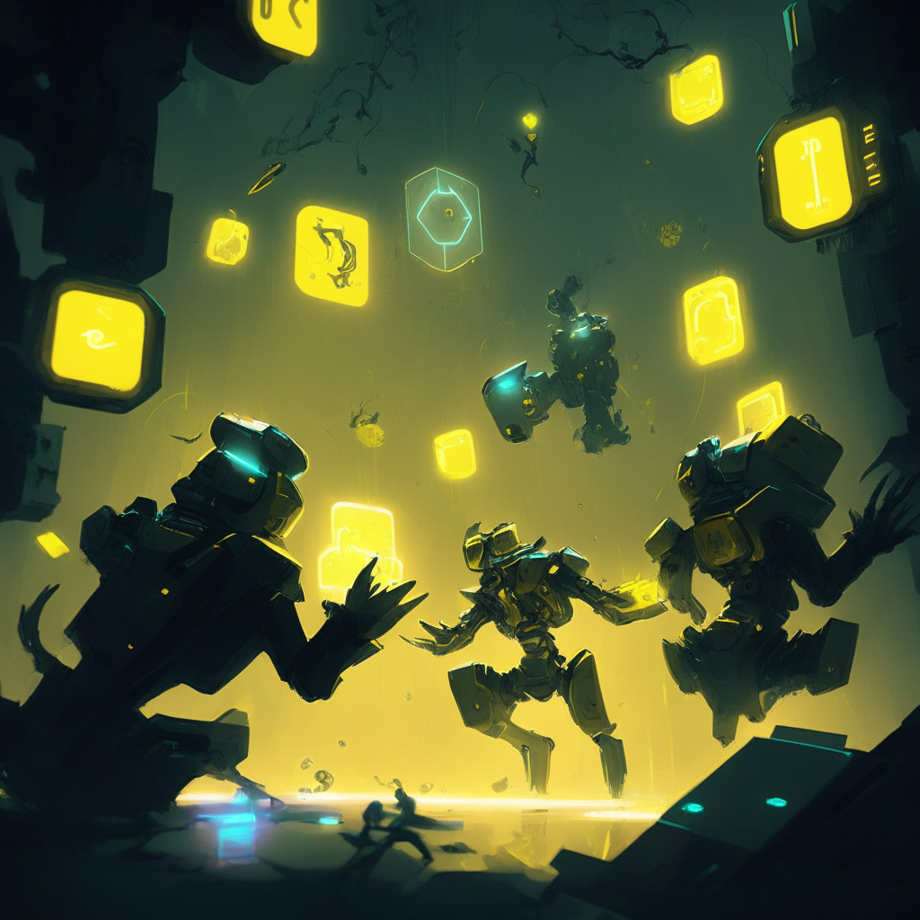 A dark, cybernetic gaming world brimming with cryptic symbols and futuristic tech tools, subtle impressionist style marks. A group of lively, animated gamers immersed in intense gameplay, NFTs styled as tangible, radiant, energy-infused tokens floating above them. Scene subtly washed with a glow of optimistic yellow light evoking a mood of eager anticipation, adventure, and a hint of caution.