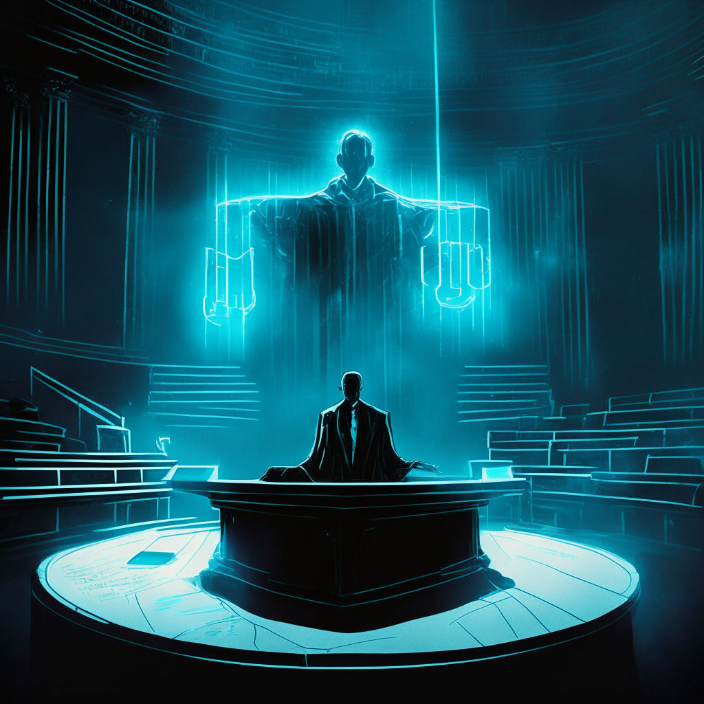 An intense courtroom drama enveloped in the ethereal glow of justice's scale. High-tech blockchain leader under spotlight, his face marked with resolve yet shadowed by accusation, next to a witness stand draped in suspense. A leaked diary, symbolic of breached confidences, rests on a polished table, with ghostly data streaming upwards in a nod to blockchain innovation. The entire scene has an air of film noir, with a tension-filled and ambivalent atmosphere.