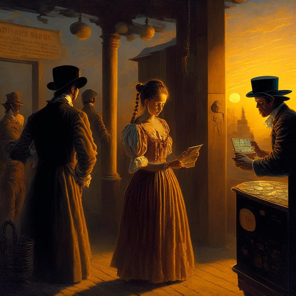 A 19th-century-style painting depicting a traditional transaction contrasting with a futuristic digital money exchange, focused on a bitcoin-like currency. Set in the dim glow of a fading sunset, highlighting the symbolic transition from past to future. The atmosphere is charged with a dichotomy of emotions - nostalgia for tradition and excitement of innovation. Note: no distinguishable faces or logos.