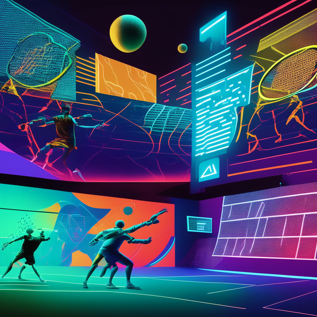 A vibrant digital landscape depicting the fusion of sports and digital artistry, bathed in warm lights creating an energetic mood. The scene shows famous tennis trajectories transformed into fine art through data science, physical sports fields associated with NFT tokens, and the silhouette of a new-age stadium doubling as an interactive billboard hosting digital art icons at a distance. Art style is modern with a touch of surrealism.