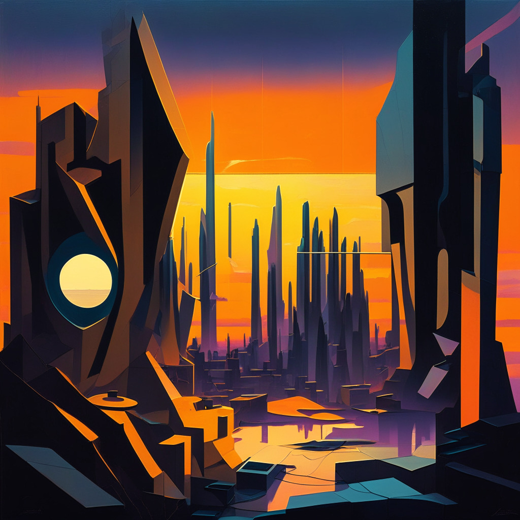 A landscape scene at dusk with a focus on contrasts, bold light dividing the canvas in two. One side holds a modern, futuristic city representing progress, radiant lights emanating warmth. On the other, looming shadows, intricate puzzle pieces symbolizing uncertainties and mysteries. The mood should balance between optimism and cautious skepticism, with no identifiable real-world structures.