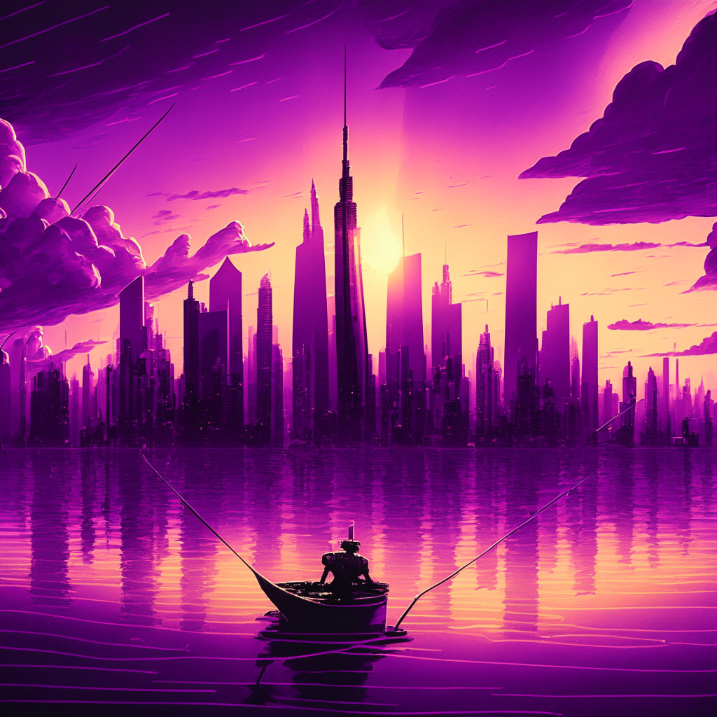 Sun setting on the skyline of a futuristic city, bathed in purple hues, blockchain data streams floating in the sky. A physical representation of NFT royalties falling, digital currency symbols like Rupee and Yuan, shining vibrantly. Spear phishing attack subtly depicted as digital fisherman. Stylized Danish bank under a cloud, implying regulatory scrutiny.
