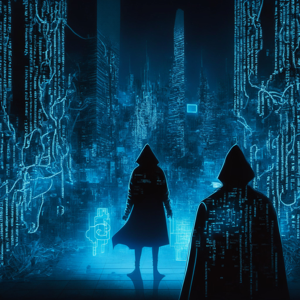 A noir-style scene on a digital cityscape, bathed in a cold, blue light to set an eerie mood. Highlight a grinning figure manipulating holographic strings of code, symbolizing deceptive tactics in a cryptocurrency exchange. In the background, a blockchain network visibly cracks and sparks. Cloaked figures lurk in darker corners, emblematic of privacy coins and secrecy tactics. A bundle of pixelated, almost dissipated money, represents stolen digital currencies.