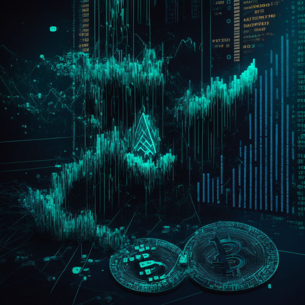 A visual depiction of the global cryptocurrency market echoing the effect of a blockchain security glitch, creating a ripple throughout in a cyberpunk aesthetic. A stark contrast of bright digital currencies against a darker backdrop, symbolizing a volatile market scenario, A slight emphasis on Bitcoin, indicating a gentle upward trend. Include a fragmented tech-stock graph in the backdrop representing the recent fracture in correlation. Add traces of Ethereum to represent the affected Curve stablecoin exchange. The overall atmosphere should convey an air of uncertainty yet opportunistic potential. Use cool-toned hues to set the slightly tensed mood. A shadowy hacker figure draining a pool of stablecoins representing the mentioned exploit.