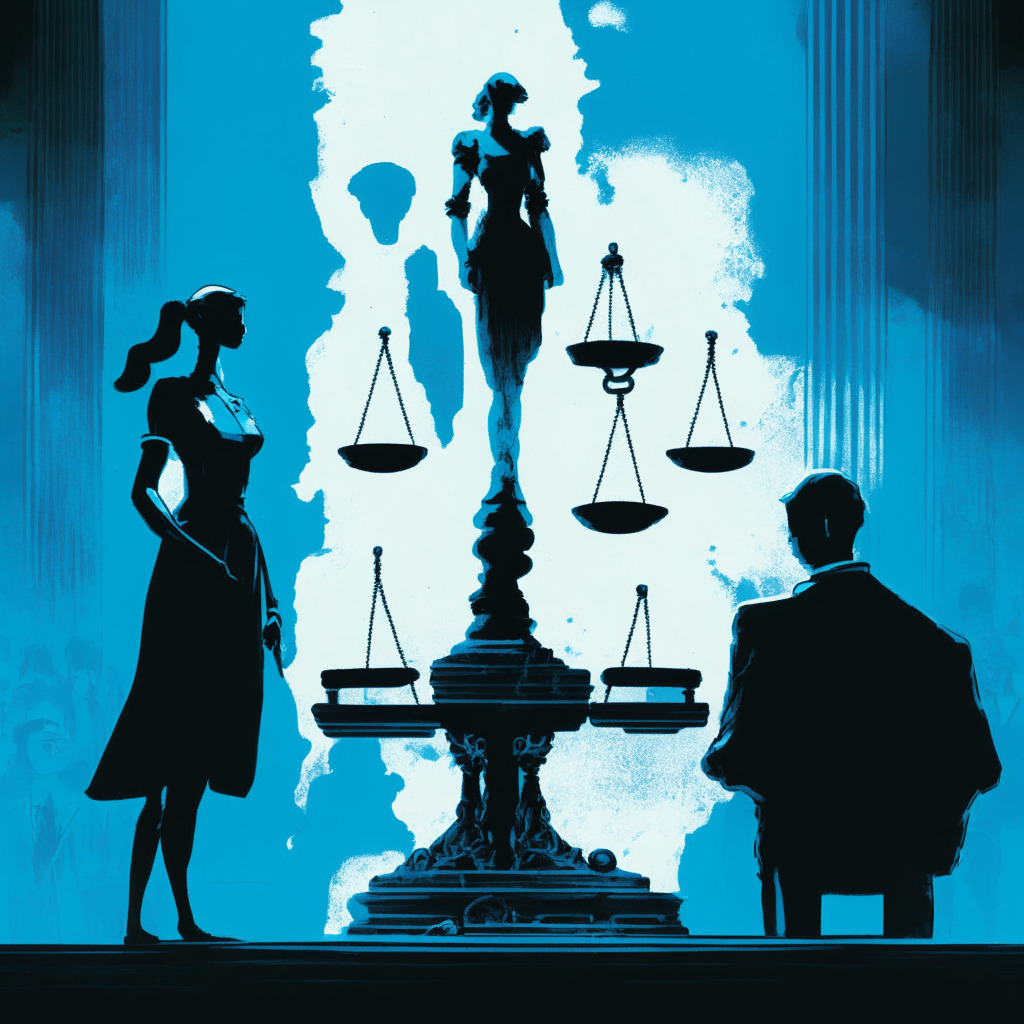 A dramatic courtroom scene drenched in cool-blue hues, populated by tense figures in silhouette. In the foreground, a pair of stressed individuals with an ambiguous relationship gaze at each other. A shadowy figure in the background, representative of the 'blockchain universe', looms near, symbolizing the overarching theme. In the distance, an antique scale, balanced yet teetering, embodies the tax issue. The atmosphere is thick with the intense, uncertainty of the potentially paradigm-shifting verdict.