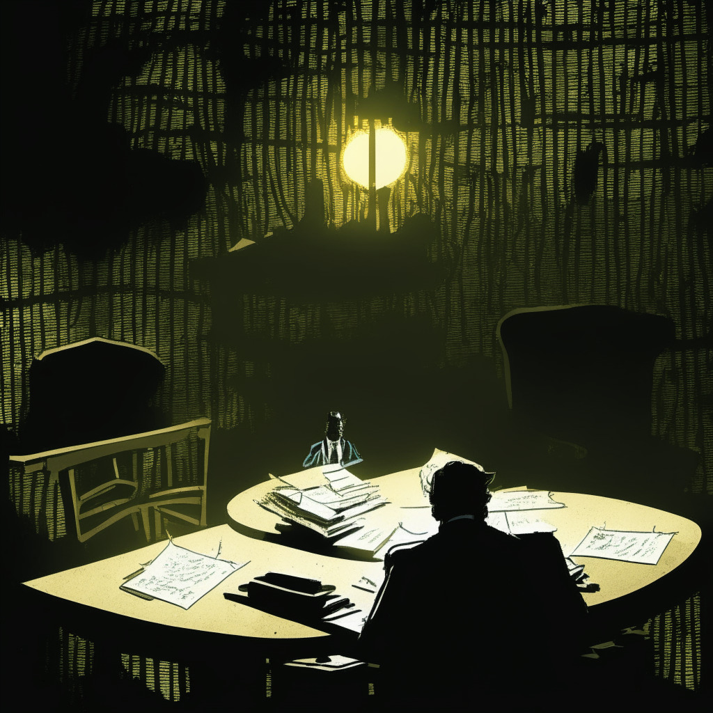 A late-night illuminated courtroom setting, with shadows cast by dim, somber incandescent lighting. At the table, a figure of a stressed businessman tangled in a web. Symbolically, a literal faded Google drive icon hanging above him, leaking paper documents. The background illustrates a crumbling crypto platform structure, hinting at the downfall. Atmosphere connotes tension, mistrust, and the sense of justice under threat.