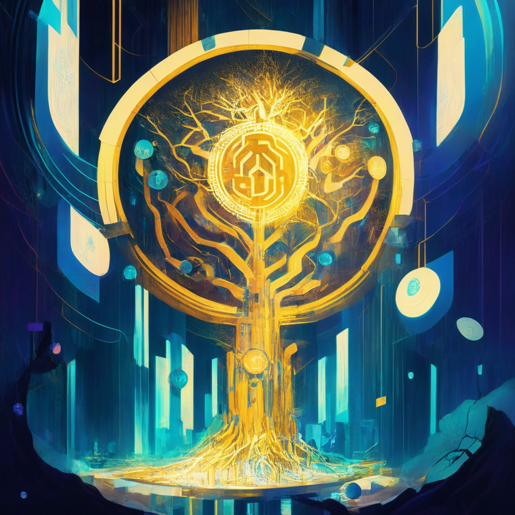 A grand and majestic blockchain extending its roots into a vibrant startup ecosystem, a symbol of disruption and inclusion. The scene captures a sense of empowerment, painted in an abstract futuristic style, imbued with soft, balanced lighting, evoking a contemplative mood. The artwork showcases tokenization as a shining medal, morphing the traditional assets into digital format. Subtly incorporated is a community, illustrating diversity and representing the democratization of investment opportunities. The minute details hint at the risks and transparency issues amidst the innovative flourish.