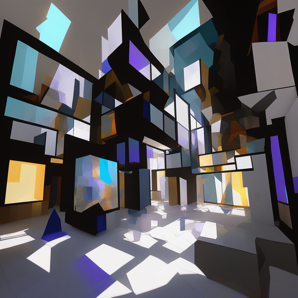 Dusky gallery interior, Sotheby's Met Breuer location, rendered in Cubist style. Depict abstractly blockchain nodes, Gen Art program’s unique artworks. Crystalline light falling, casting dappled shadows adding depth, revealing bursts of color. Evoke anticipation, uncertainty, and promise of revolution showcasing the symbolic merger between art and technology.