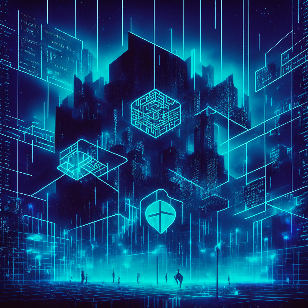 Surreal, neon-lit city representing innovative blockchain developments, with a grid-like network displaying Litecoin, Bitcoin, and Polygon symbols, indicating their future impact. An imposing courthouse casting dark shadows, illustrates regulatory hurdles. Bit of whimsy, through an Ethereum-based NFT in a sports setting. A veil of fog symbolizing uncertainty in the regulatory landscape, hinting at the caution required in the crypto world. Art style: Neo-noir, Mood: Exciting yet uncertain.