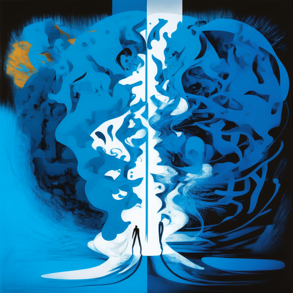 An abstract representation of a turbulent financial storm, combines cool shades of blue, symbolizing market crash, with warm hues for recovery. Highlight the merger of two distinguishable entity figures, one larger representing PacWest, the other smaller for Banc of California, merging into a secure, unified figure. Infuse an ambience of uncertainty mixed with cautious optimism, suggestive of twilight lighting.